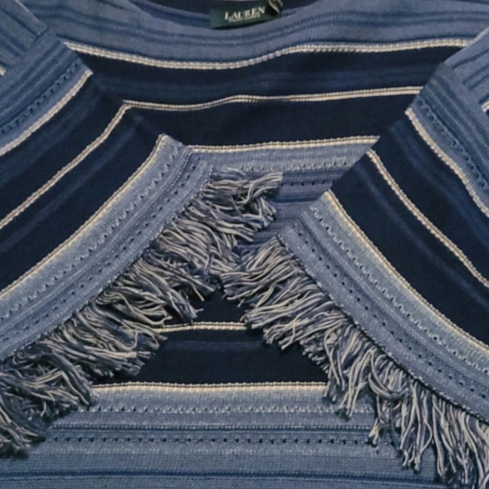 Fringed Lauren Cotton Sweater Sz Large - Picture 2 of 12